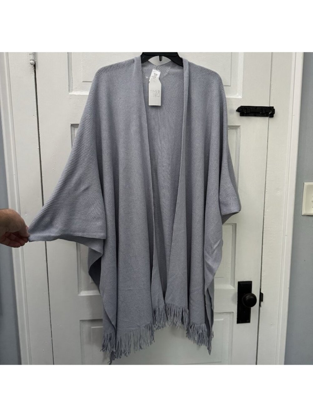 Time and Tru Womens One Size Denim Blue Ruana Fringe Knit Wrap Poncho NWT